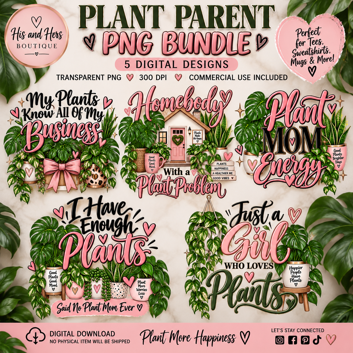 Plant Parent PNG Bundle | 5 Plant Lover Digital Designs | Commercial Use